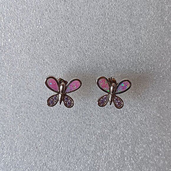 New - Butterfly With Pink Fire Opal and Amethyst Silver Stud Earrings - Picture 3 of 7